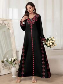 Al Najma 女式花卉印花长袖休闲阿拉伯风格连衣裙，朴素 - 黑色 - 查看 7