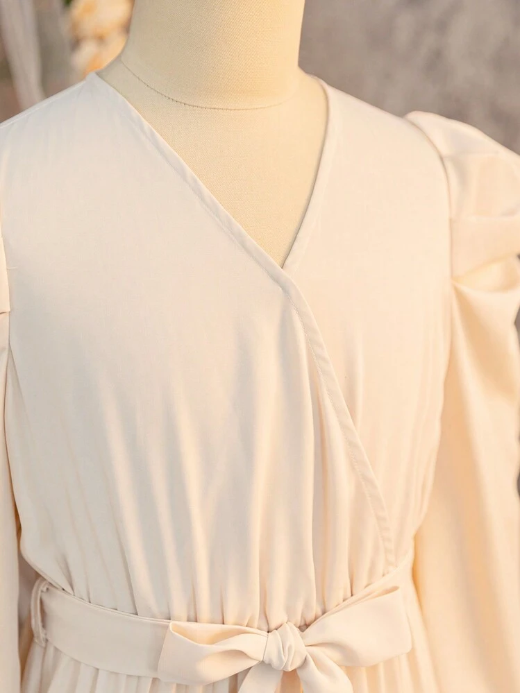 SHEIN Vestido largo de manga larga y cuello en V con plisado y volantes tipo maxi informal para niñas preadolescentes - Albaricoque - Añade 5