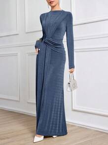 Modelyn Women's Extra-Long Modest Knitted Ruched Elegant Dress - Dusty Blue - View 8