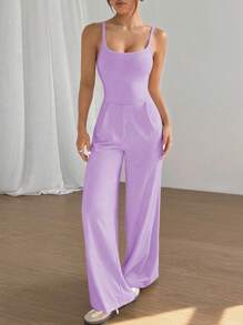 SHEIN Unity Bộ đồ liền thân hở lưng màu trơn ống rộng cho nữ, dáng rộng - Màu tím - Xem 4