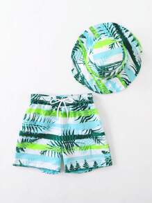 小男孩可爱叶条纹沙滩短裤、遮阳帽和泳裤（随机印花） - 彩色 - 查看 5