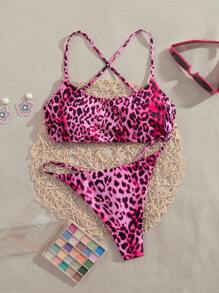 SHEIN Swim Wiosenna przerwa awangardowa damska minimalistyczna seksowna moda uniwersalna gradientowa lamparta nadruk swobodny wakacje plaża impreza spaghetti ramiączka crop top i stringi bikini 2 szt. strój kąpielowy