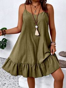 Linhara Pure Plus Size Vacation Casual Solid Color Ruffle Hem Spaghetti Strap Dress - Army Green - View 4