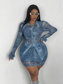 SHEIN Clasi 2pcs Set: Fashionable Denim Effect Ruched Top + Mini Skirt - Blue - View 5