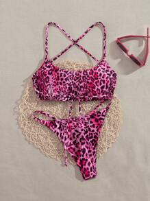SHEIN Swim Wiosenna przerwa awangardowa damska minimalistyczna seksowna moda uniwersalna gradientowa lamparta nadruk swobodny wakacje plaża impreza spaghetti ramiączka crop top i stringi bikini 2 szt. strój kąpielowy