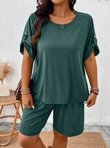 EMERY ROSE 大码女式夏季休闲宽松橄榄绿色家居短袖 T 恤和短裤两件套，适合约会、派对、上班通勤、日常穿着、圣帕特里克节 - 墨綠色 - 查看 4