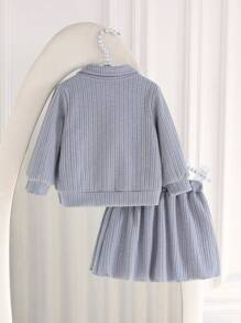 SHEIN Baby Girls' 2 Pieces Outfit,Blue Solid Color Lapel Shacket And Skirt Set,Autumn Cute Modest Back-To-School Elegant Clothes For Casual And Parties - Grey - View 4