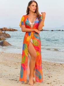 Swim Lushoire 夏季女士热带植物印花交叉前露背连衣裙罩衫，适合海滩度假 - 橘色 - 查看 4