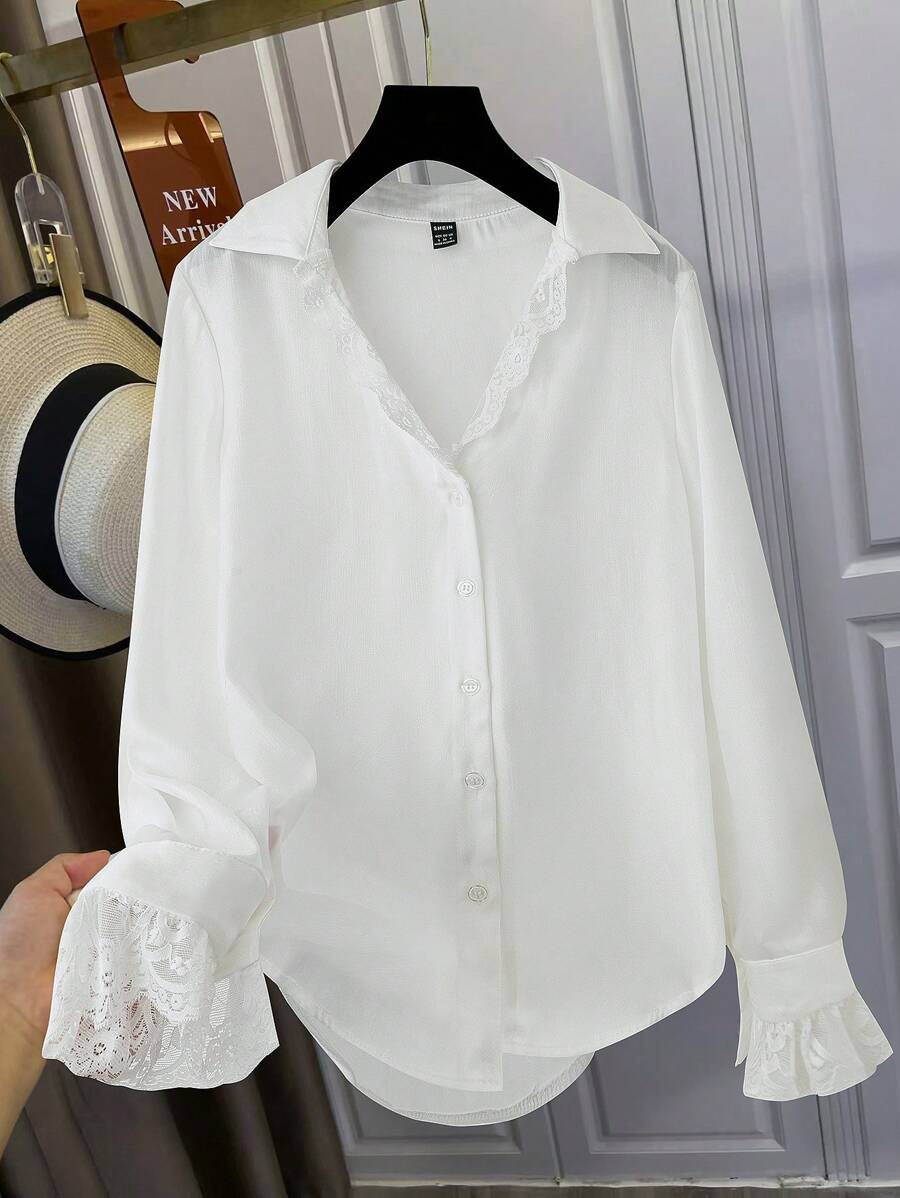 SHEIN LUNE Women Contrast Lace Long Sleeve Blouse - White - View 1