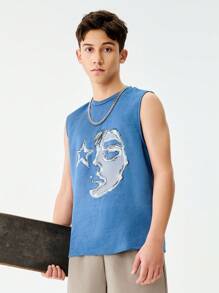 SHEIN 1pc Teen Boy Casual Funny Portrait Print Top, Loose Fit Street Fashion Basketball Tank Top, Suitable For Summer, Hip Hop, Streetwear, Sports, Music Festival - Blue - View 4