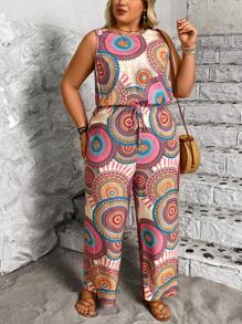 Breezaya Plus Size Women Boho All-Over Print Casual Sleeveless Wide Leg Jumpsuit, For Summer - Multicolor - View 3