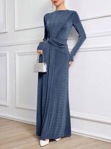 Modelyn Women's Extra-Long Modest Knitted Ruched Elegant Dress - Dusty Blue - View 6