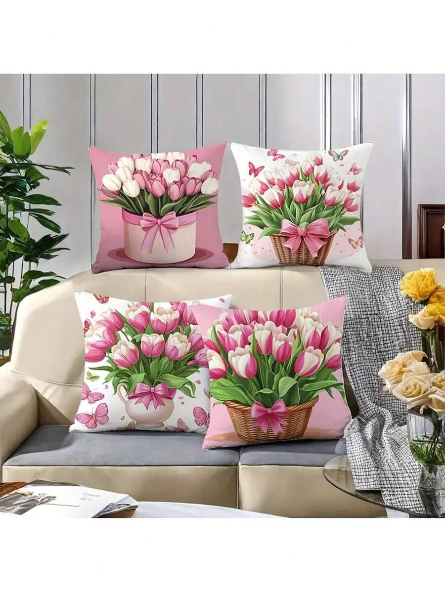 4pcs Modern Style Throw Pillow Covers, Woven Polyester Fabric, Pink & White Tulip Basket Pattern, Washable With Zipper Closure, No Pillow Insert Included, Suitable For Various Room Types, Autumn Decor - Multicolor - View 1