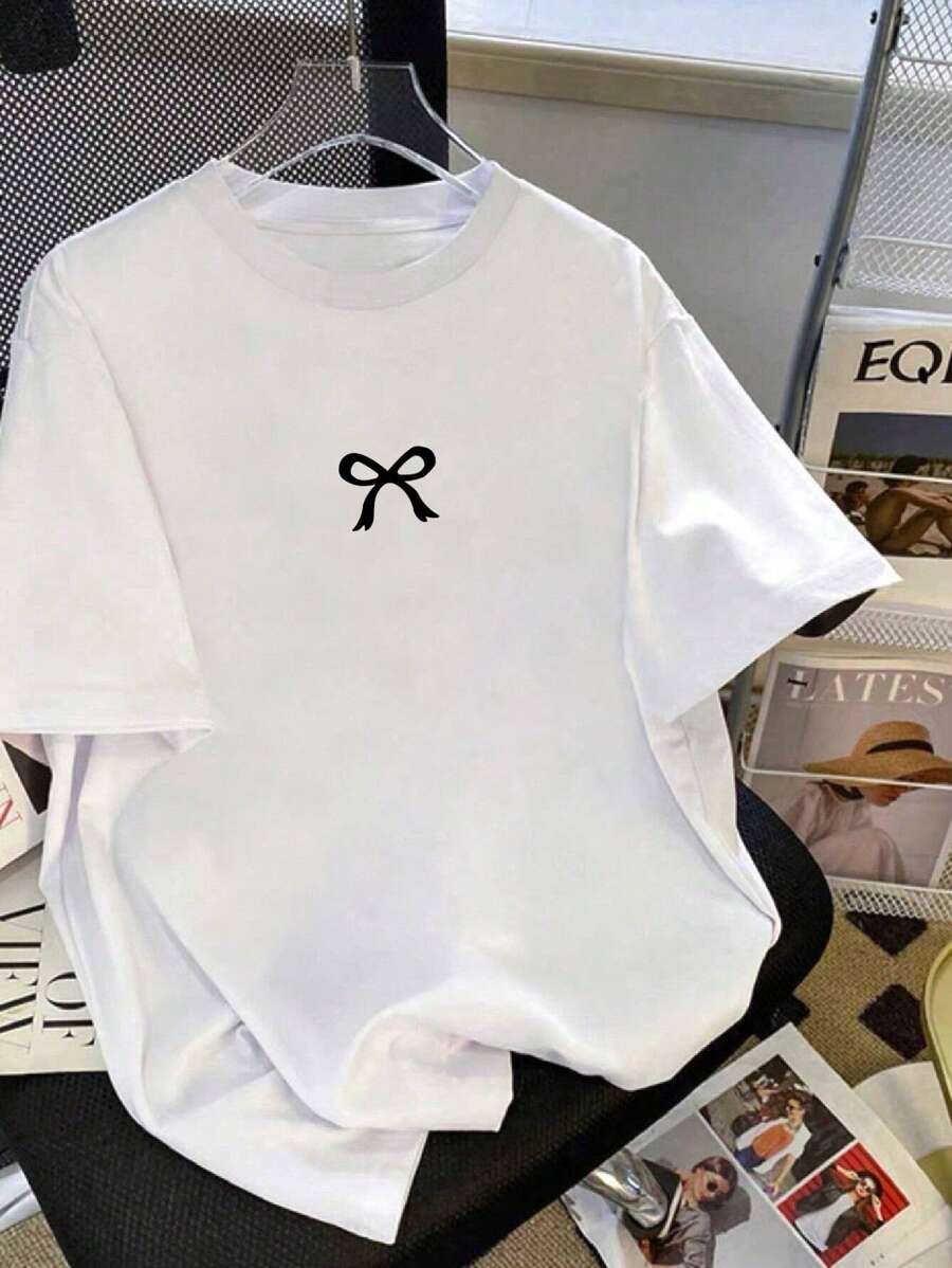 SHEIN 女士圆领短袖蝴蝶结印花休闲 T 恤 - 白色 - 查看 1