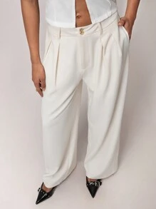 Forever 21 Women's Double-Button Waist Loose Flare Leg Trousers, White Office Wear, Spring