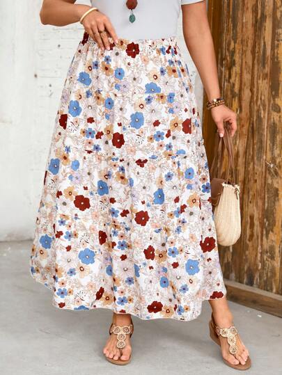 EMERY ROSE Falda de verano con estampado floral retro para mujer de talla grande