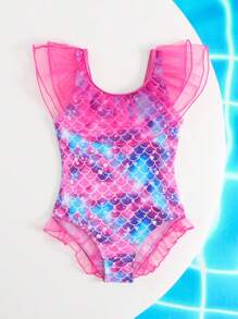 Young Girl Scaly Print Contrast Mesh Ruffle Hem One-Piece Swimsuit - Multicolor - View 6
