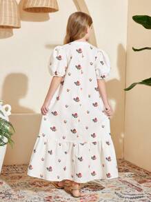 SHEIN Tween Girl Print Ruffle Sleeve Open Back Bow Design Dress, Vacation Style