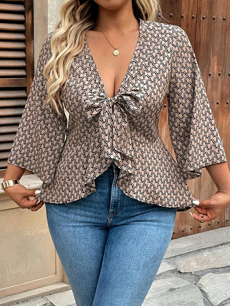 Breezaya Plus Size Women Vacation Casual Full Print Ruffle Tie Front Blouse