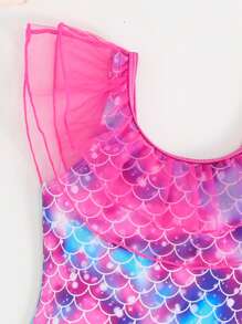 Young Girl Scaly Print Contrast Mesh Ruffle Hem One-Piece Swimsuit - Multicolor - View 5