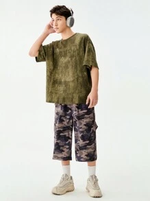 SHEIN Bộ 2 áo thun cổ tròn tay ngắn cho bé trai tuổi teen + quần short cargo in họa tiết rằn ri dáng rộng, trang phục dạo phố thường ngày thích hợp cho hoạt động ngoài trời, du lịch, lễ hội âm nhạc, tụ tập - Nhiều màu - Xem 5