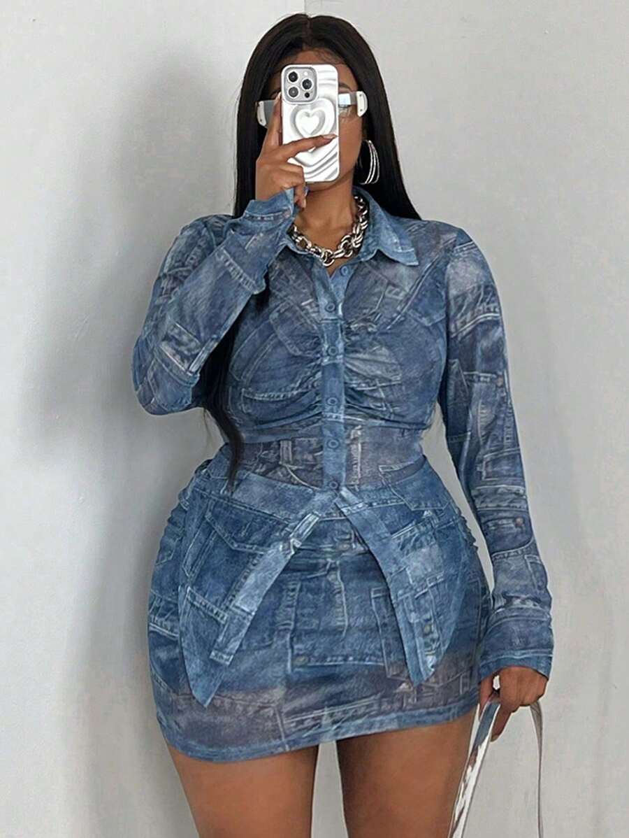 SHEIN Clasi 2pcs Set: Fashionable Denim Effect Ruched Top + Mini Skirt - Blue - View 1