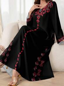 Al Najma 女式花卉印花长袖休闲阿拉伯风格连衣裙，朴素 - 黑色 - 查看 1