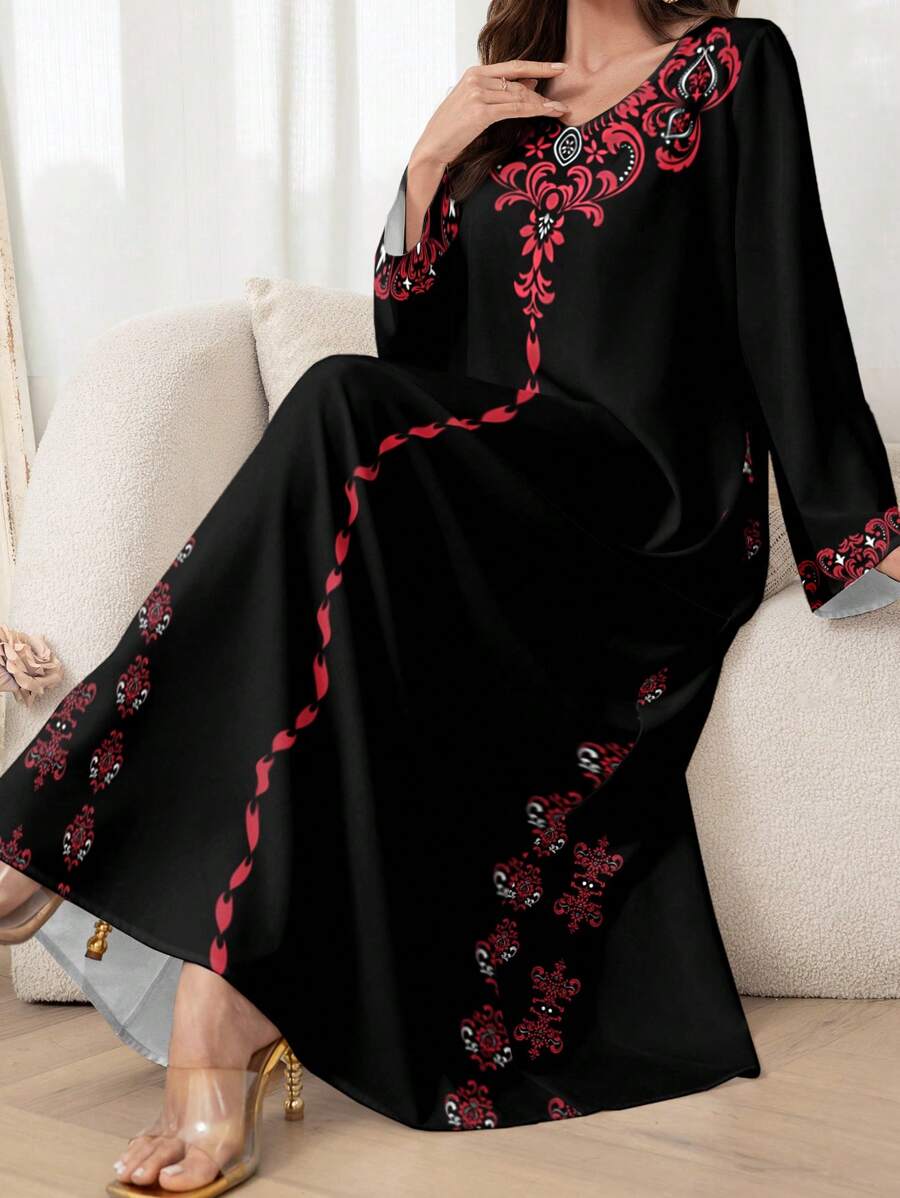 Al Najma 女式花卉印花长袖休闲阿拉伯风格连衣裙，朴素 - 黑色 - 查看 1