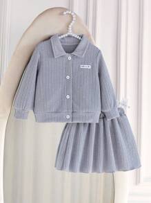 SHEIN Baby Girls' 2 Pieces Outfit,Blue Solid Color Lapel Shacket And Skirt Set,Autumn Cute Modest Back-To-School Elegant Clothes For Casual And Parties - Grey - View 1