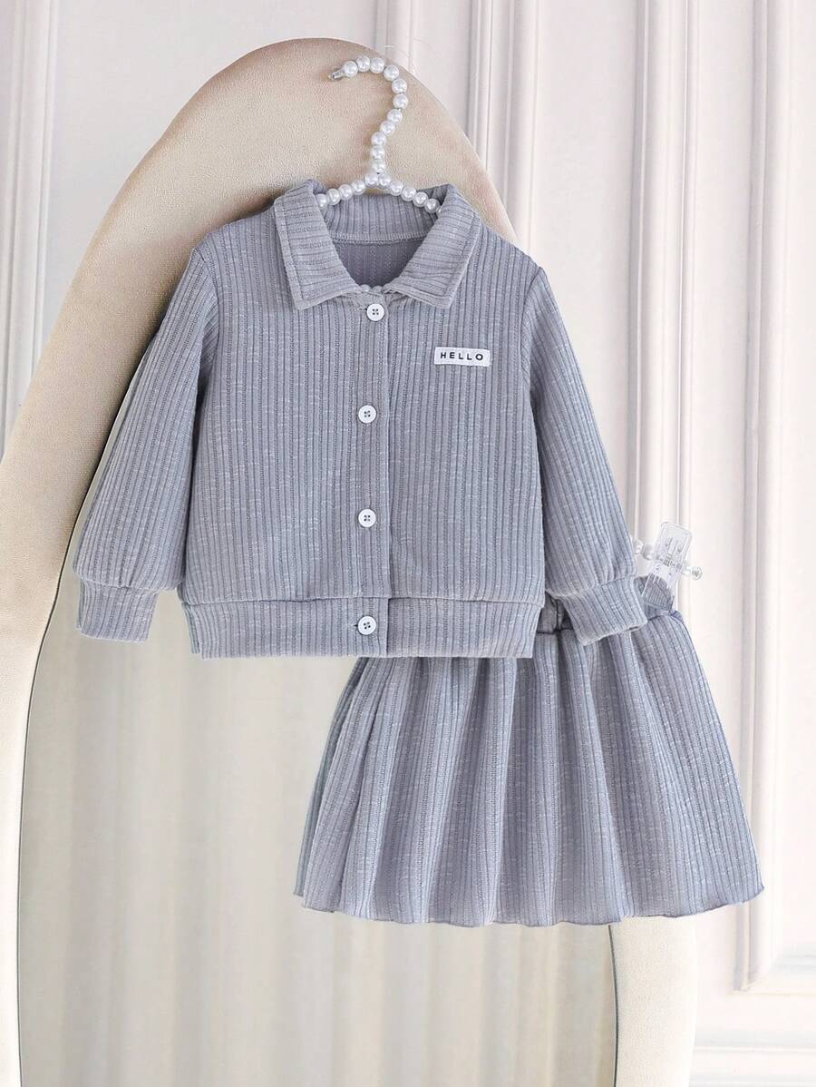 SHEIN Baby Girls' 2 Pieces Outfit,Blue Solid Color Lapel Shacket And Skirt Set,Autumn Cute Modest Back-To-School Elegant Clothes For Casual And Parties - Grey - View 1