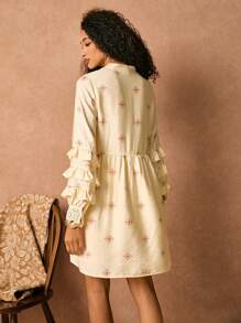 Poéselle Women's White Boho Floral Print Ruffle Hem Button Long Sleeve Mini Dress,Autumn Graphic Vacation Holiday Clothing,Western Bohemian Style Beach Wear - White - View 3