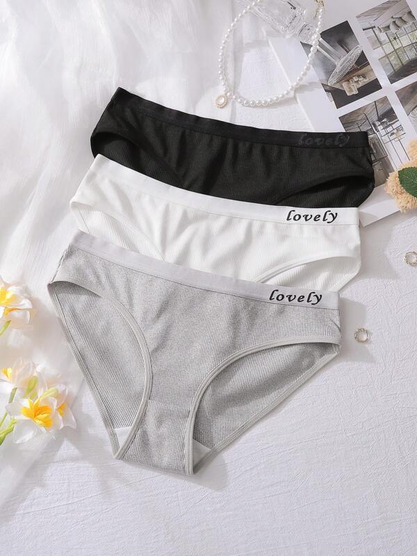 3pcs Casual Ribbed Letter Youth Girls Brief & Panties Underwear Set