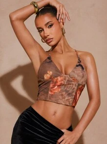 Hauture 深 V 领动物花卉网眼吊带背心，豹纹，夏季上衣