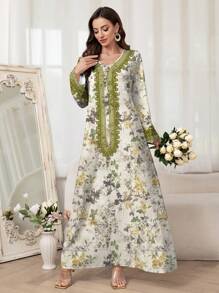 Al Najma 女式花卉印花长袖阿拉伯休闲连衣裙，朴素 - 彩色 - 查看 7