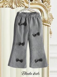 SHEIN 少女新款灰色蝴蝶结小女孩长喇叭裤上市，舒适时尚百搭，优雅独特，复古经典，是装扮的必备单品。 - 彩色 - 查看 3