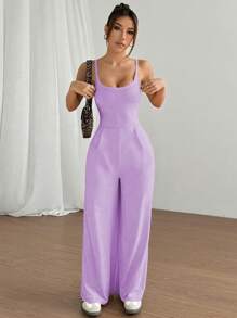 SHEIN Unity Bộ đồ liền thân hở lưng màu trơn ống rộng cho nữ, dáng rộng - Màu tím - Xem 5