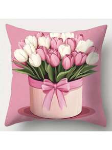 4pcs Modern Style Throw Pillow Covers, Woven Polyester Fabric, Pink & White Tulip Basket Pattern, Washable With Zipper Closure, No Pillow Insert Included, Suitable For Various Room Types, Autumn Decor - Multicolor - View 4