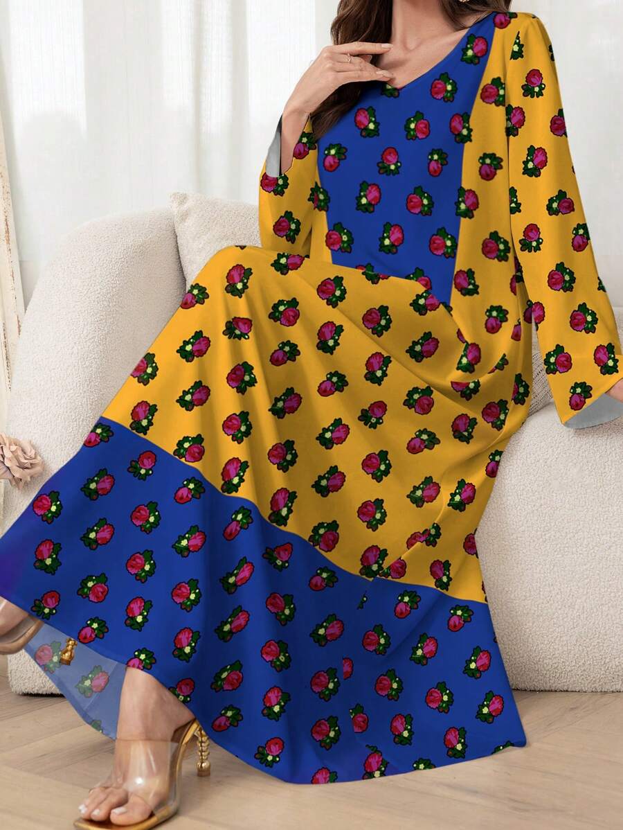 Al Najma 女式花卉印花长袖休闲阿拉伯风格连衣裙，端庄 - 彩色 - 查看 1