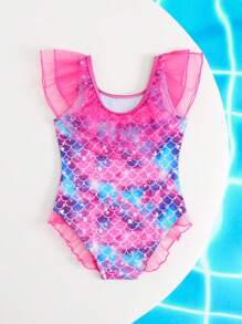 Young Girl Scaly Print Contrast Mesh Ruffle Hem One-Piece Swimsuit - Multicolor - View 2
