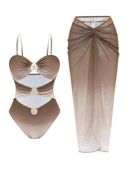 Swim Oasis 女士夏季沙滩度假性感镂空金属海星装饰可拆卸肩带抹胸泳衣和扭结前片图案罩衫裙套装