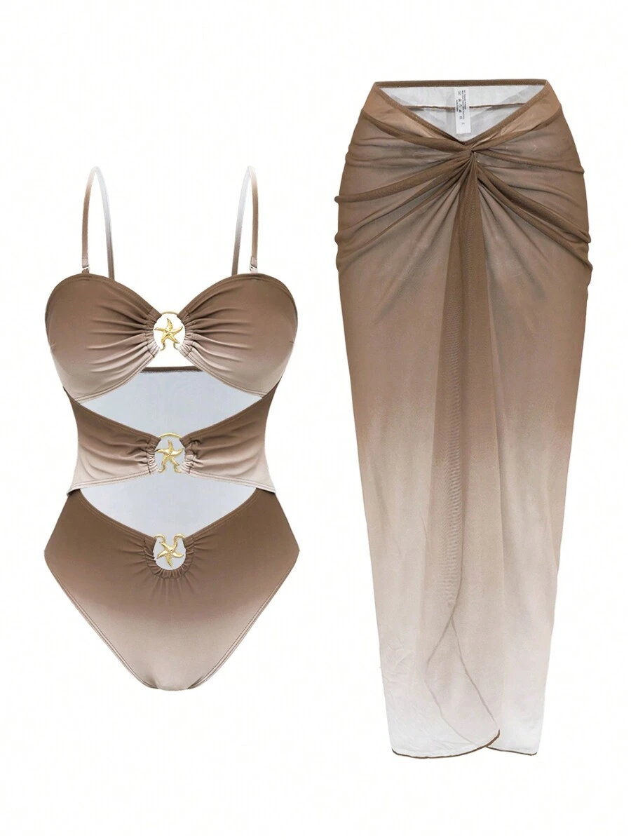 Swim Oasis 女士夏季沙滩度假性感镂空金属海星装饰可拆卸肩带抹胸泳衣和扭结前片图案罩衫裙套装 - 彩色 - 查看 1