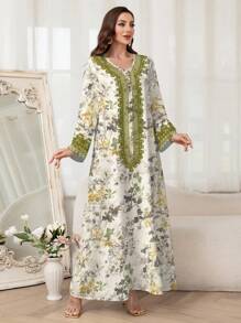 Al Najma 女式花卉印花长袖阿拉伯休闲连衣裙，朴素 - 彩色 - 查看 3