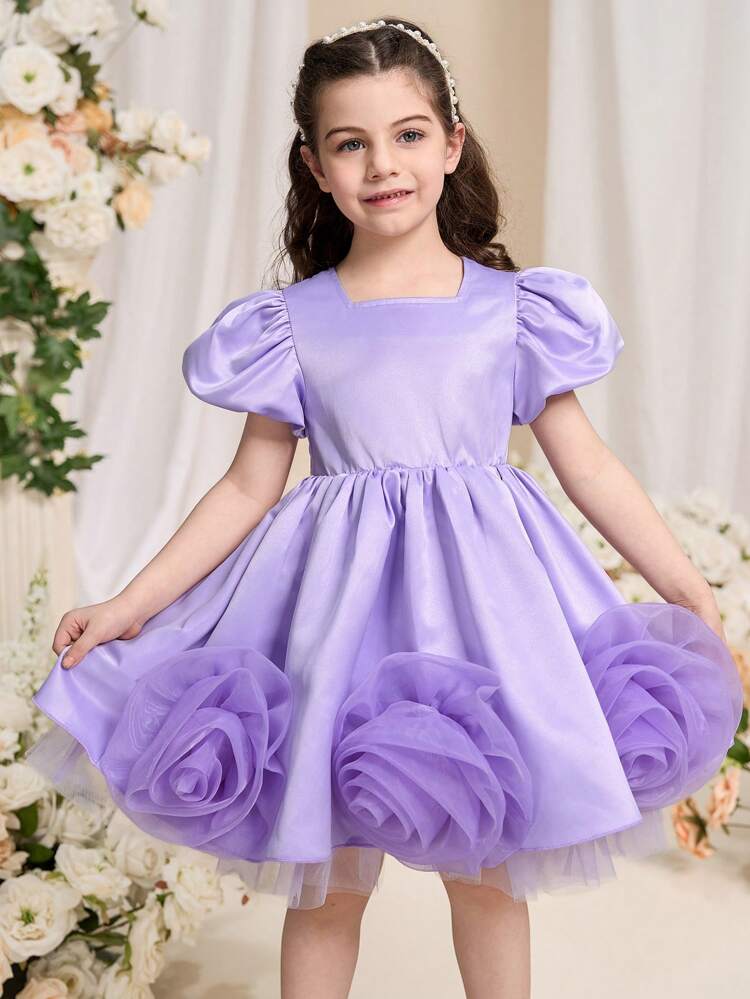 Young Girl Slim Fit Elegant Round Neck Sleeveless Floral 3D Waist Cinched Mid-Length Dress