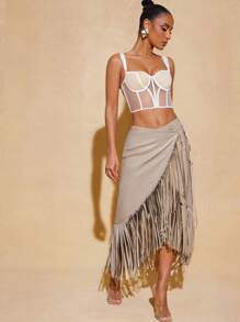 Hauture Chân váy midi lưng cao bằng da giả màu đen thời trang có chi tiết tua rua - Màu be - Xem 2