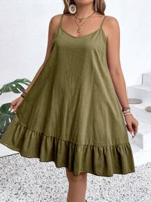 Linhara Pure Plus Size Vacation Casual Solid Color Ruffle Hem Spaghetti Strap Dress - Army Green - View 5