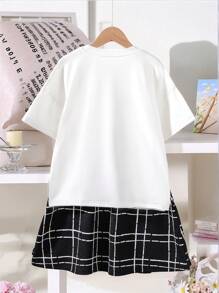 青少年女孩两件套服装，蕾丝蝴蝶结 T 恤上衣 + 复古格子裙套装，夏季度假和户外服装 - 黑與白 - 查看 2