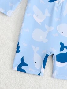 SHEIN Baby Boy Whale Print Long Sleeve Swimsuit With Sunscreen Wide Brim Swim Cap