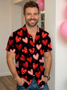 Manfinity Homme Áo sơ mi nam tay ngắn in hình trái tim cài nút phía trước - Đỏ - Xem 5