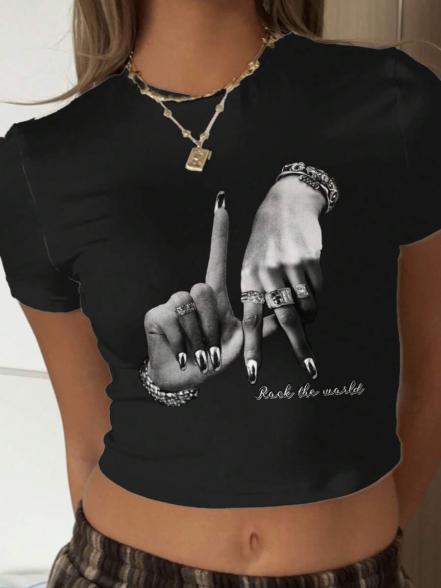 SHEIN Maglietta grafica street LA, casuale minimalista, girocollo, manica corta, aderente, adatta per ragazze adolescenti, adatta per primavera/estate - Bianco - Visualizzare 1