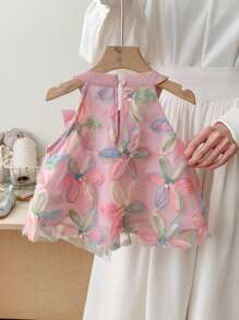 年轻女孩编织碎花圆领修身无袖 T 恤 - 彩色 - 查看 3